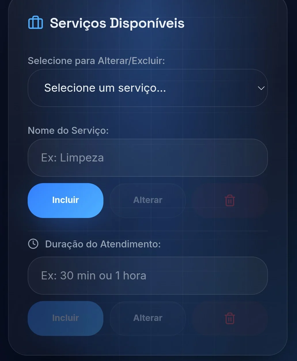 Tela de novo agendamento com seleção de profissional e serviço